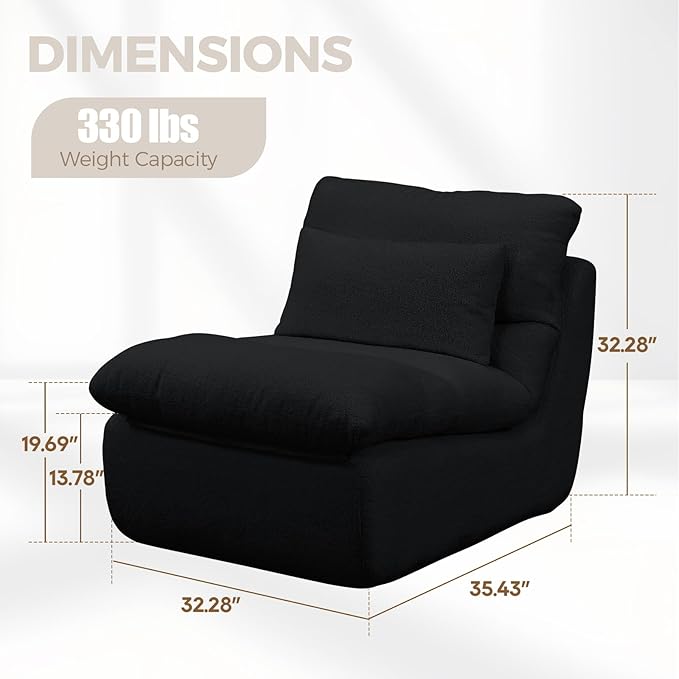 FHFO Sponge Single Sofa 32 Boneless Sofa for Small Spaces Comfy Sofas with Removable Cover Teddy Compression Sofa with Pillows for Living Room Bedroom Apartmen-Black