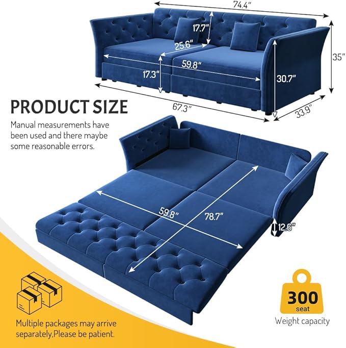 KEIKI 74.7 Queen Pull Out Sofa Bed Velvet Convertible Sleeper Sofa Button Tufted Chesterfield Sofa Pull-Out Couch Bed for Living Room Bedroom Apartment Blue