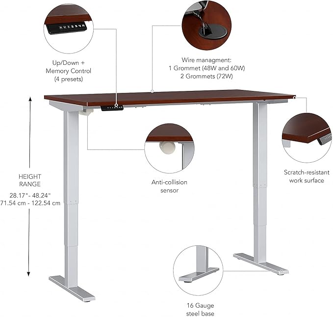 Bush Business Furniture Move 40 Series 72W x 30D Electric Height Adjustable Standing Desk in Hansen Cherry with Silver Base Ergonomic Sit-Stand Computer Table for Home and Professional Office