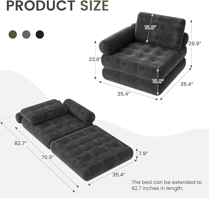 35 Folding Sofa Bed 5-in-1 Convertible Sleeper Chair Floor Mattress with Removable Armrest Boneless Couch in a Box Fold Out Futon Lounge Chair Bed for Dorm Bedroom Small Space - Grey Single