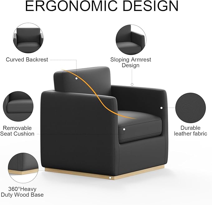 Sunny Heart Swivel Accent Chair Velvet Swivel Barrel ChairClub Chair with Wood Base Modern Upholstered Armchair Cozy Chairs for Living Room Bedroom Reading Leather-Black
