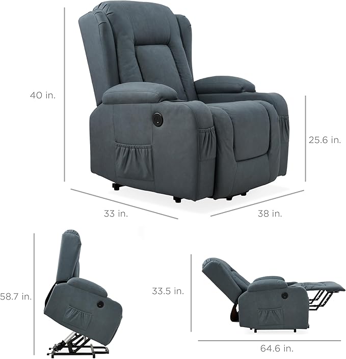 Best Choice Products PU Leather Electric Power Lift Chair Recliner Massage Chair Adjustable Furniture for Back Legs w/ 3 Positions USB Port Heat Cupholders Easy-to-Reach Side Button - Blue