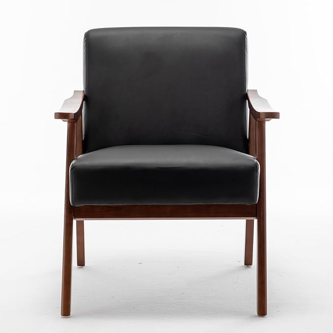 Mid Century Modern Accent Chair with Solid Wood Frame Armchairs with Faux Leather for Bedroom Reading Room Living Room and Lounge Black