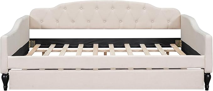 MERITLINE Upholstered Full Size Daybed Frame with Twin Size Trundle Modern Linen Button Tufted Daybed Wooden Full Sofa Daybed Frame for Living Room Bedroom No Box Spring Needed Beige