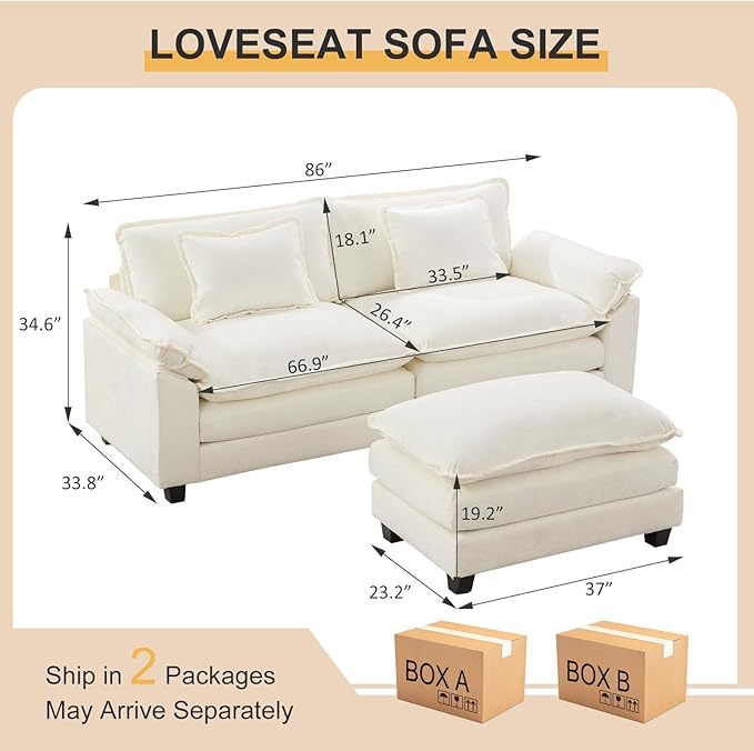 Modular Sectional Sofa 86 L Shaped Couch Set with Movable Ottoman Chenille Comfy Cloud Couch Sectional Set Extra Deep Seat Sofa with 2 Pillows for Living Room (White 2-Seat &amp 1-Ottoman)