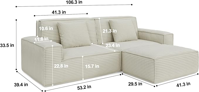 106 Cloud Sectional Couch with Deep Seat No Assembly Required Modern Upholstered Boneless Couches with 2 Pillows Full Sponge Compressed Sofa for Living Room/Apartment (Beige + Ottoman)