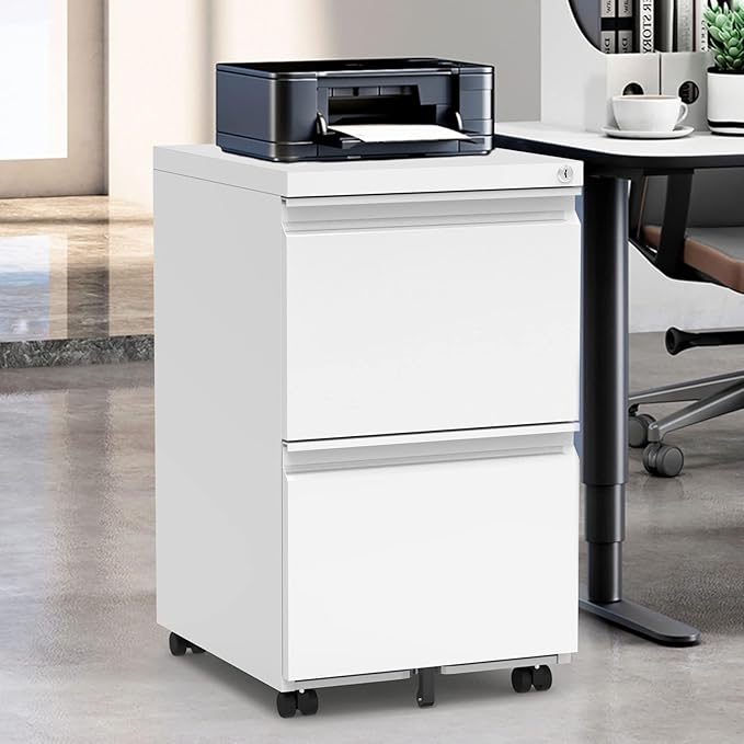 2 Drawer Mobile File Cabinet with Lock and Wheel Anti-tilt Design Metal Vertical Filing Cabinet Rolling Desk Filing Cabinet fits Letter/Legal Size for Home Office (White)