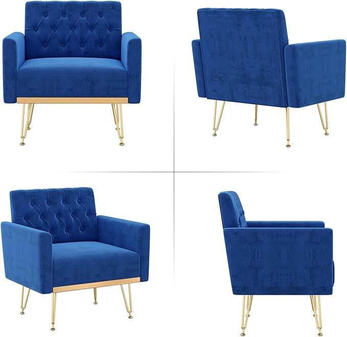 Olela Accent Chair with Arm for Living Room Velvet Modern Armchair Single Sofa Cozy Tufted Upholstered Reading Side Chairs with Gold Metal Leg for Bedroom Decorate Dark Blue