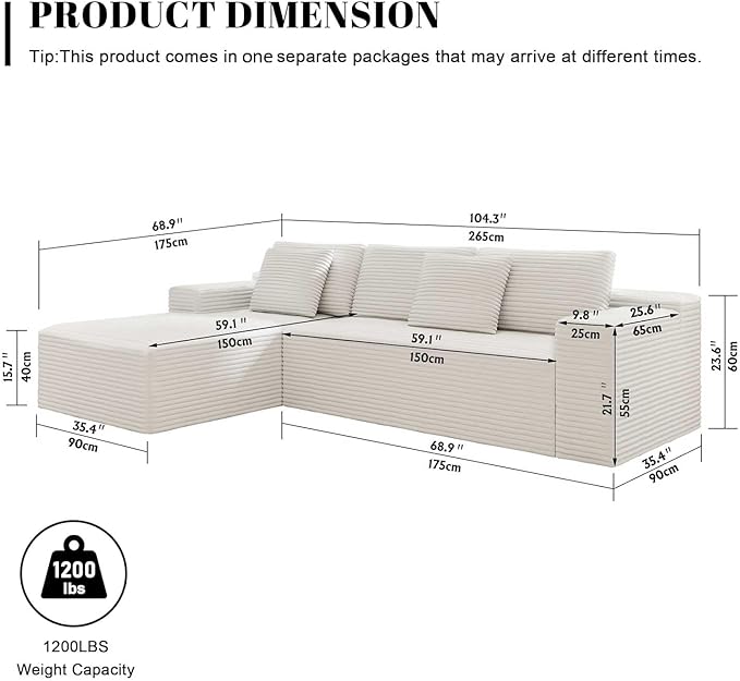 104'' Corduroy Boneless Couch for Living Room Modular Cloud Sectional Couches with Deep Seat Comfy Fluffy Sofas with L-Shaped ChaiseNo Assembly Required2PC Free Combination (White)