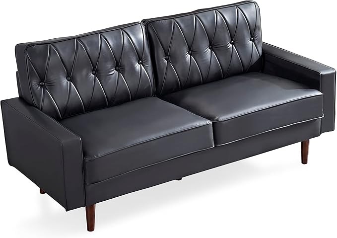 Container Furniture Modern Style Faux Leather Sofa with Elegant Round Tapered Legs and Button Tufted Backrest Perfect for Living Room Bedroom or Home Office 69.3’’ Wide Black