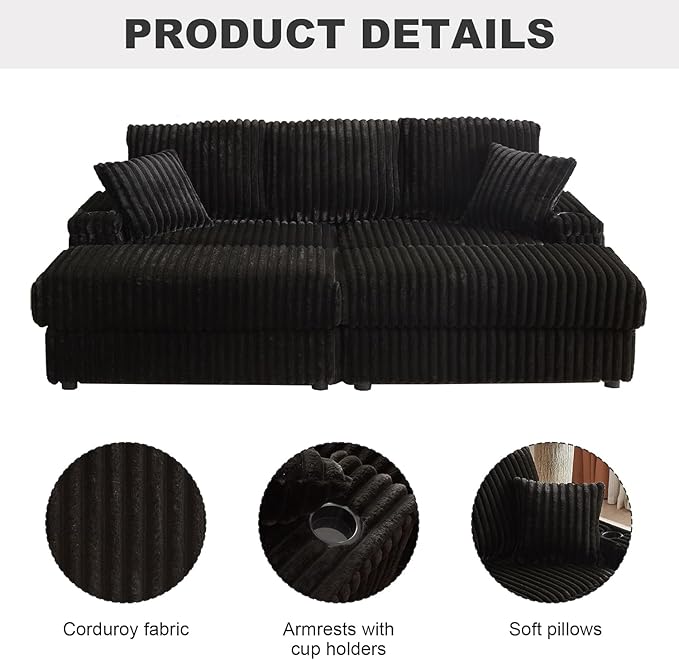 84Inch Corduroy 3-Seater Sofa with 3 Back Pillows2 toss Pillows a Ottoman2storage Spaces and Cup-Holding Grooves Comfy Sofa- Deep Seat Couch for Living RoomBlack