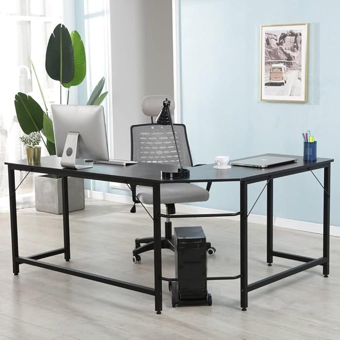 AEONS L-Shaped Computer Study Corner Desk with CPU Stand PC Laptop Gaming Desk 66” Workstation for Home Office Writing Table Wood &amp Metal Space-Saving