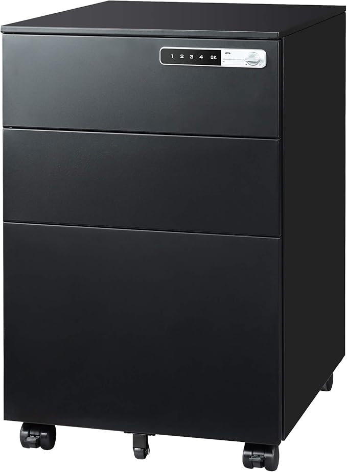 DEVAISE 3 Drawer File Cabinet with Combination Lock Fully Assembled Metal Filling Cabinet Except Wheels Mobile Under Desk File Cabinets for Home Office Black