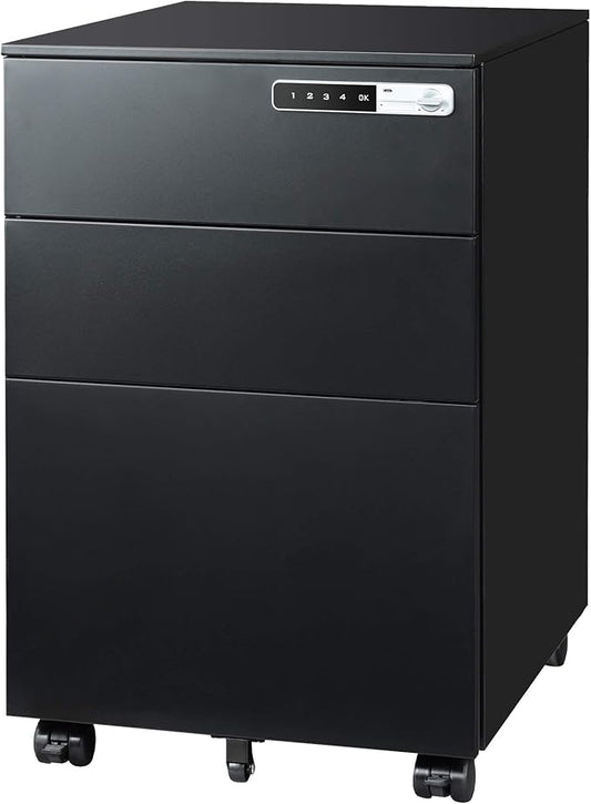 DEVAISE 3 Drawer File Cabinet with Combination Lock Fully Assembled Metal Filling Cabinet Except Wheels Mobile Under Desk File Cabinets for Home Office Black