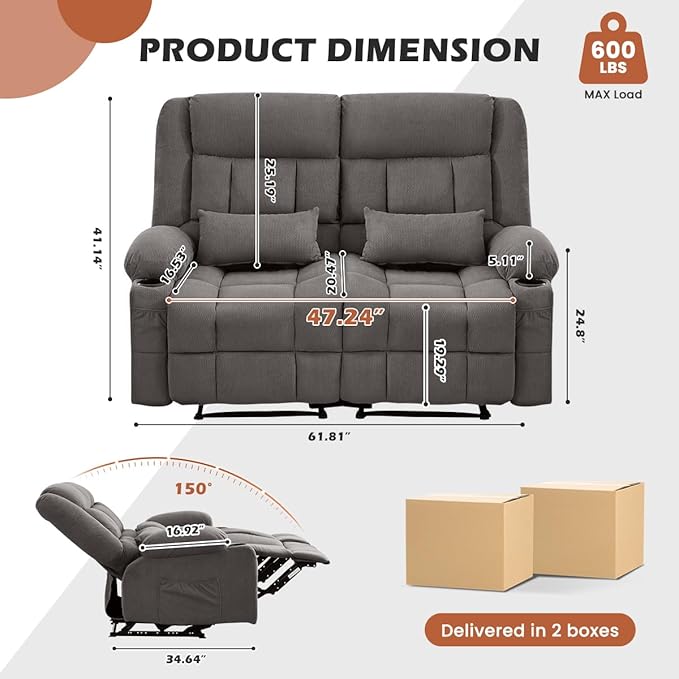 Recliner Loveseat Couch with Cup Holders for Living Room LoveSeat Manual Oversized Recliner with Ergonomic Side Pocket for Adult
