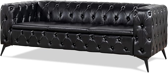 Black Couches for Living Room Modern Tufted Chesterfield Sofa Deep Seat Comfy Faux Leather Sofa Tight Pleated Rolled Arms 85” 3 Seater Sofas for Bedroom Office