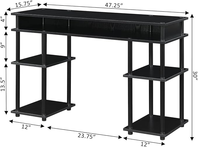 Convenience Concepts Designs2Go No Tools Desk Home Office Desk with Shelves Corner Shelf Vanity Desk Computer Desk Nail Table for Nail Tech - 47.25 L x 15.75 W x 30 H Black/Black
