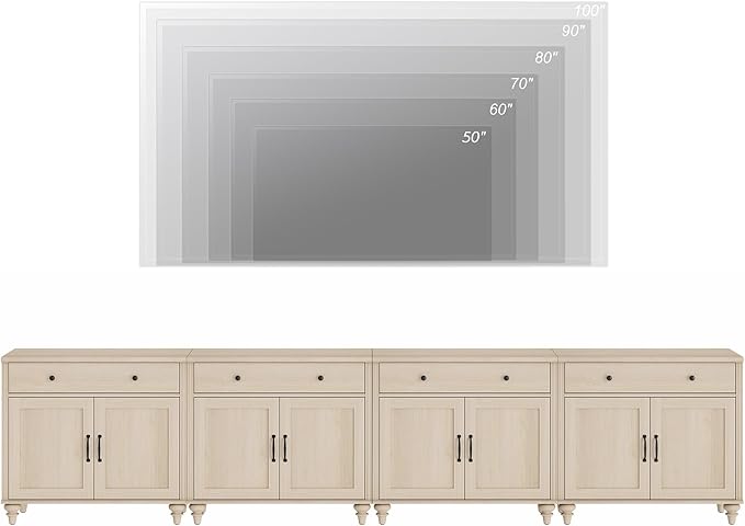 WAMPAT Farmhouse TV Stand for 85 inch TV with 8 Doors and 4 Drawers Wood Universal TV Stand with Large Storage Cabinets Beige Entertainment Center TV Console Table for Living Room Bedroom