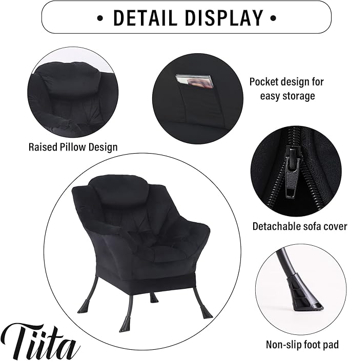 Tiita Lazy Chair Black Modern Large Accent Armchair Comfy Leisure Sofa Reading Chair for Bedroom Living Room Dorm Rooms Garden and Courtyard Black