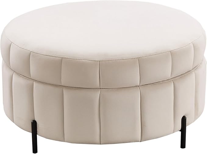 31.5 Round Ottoman with Storage BeigeReversible Lid Upholstered Ottoman Coffee TableModern Pumpkin-Shape Foot Stool for Living Room