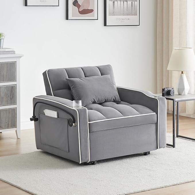 3 in 1 Convertible Sleeper Chair Modern Pull Out Couch Bed Single Recliner with Adjustable Back Velvet Futon Folding Sofa Bed Chair for Living Room Bedroom Small Spaces (Gray-2)