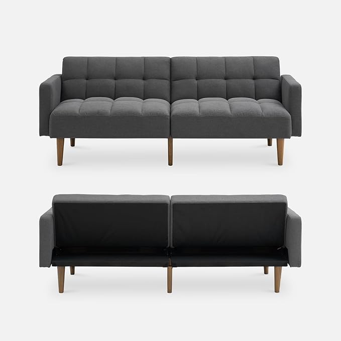 mopio Aaron 76.8 Couch Small Futon Sofa Bed Sleeper Loveseat Mid Century Modern Futon Couch Sofa Cama Couches for Living Room Bedroom (Dark Grey Fabric)