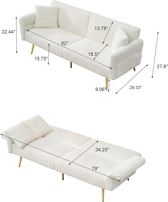 White 79 Convertible Futon Sofa Bed with Adjustable Backrest &amp Armrests Modern Corduroy Folding Loveseat Sleeper Couches with Two Soft Pillows for Living Room Apartment Office (White)