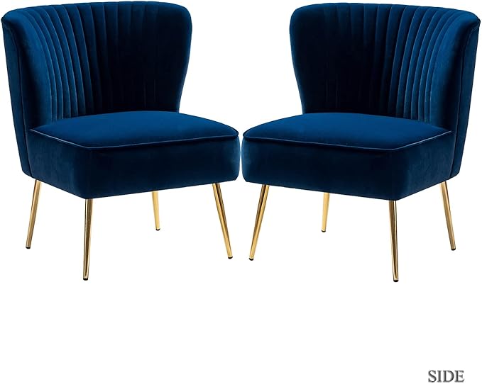 TINA'S HOME Monica Velvet Accent Chair Set of 2 Mid Century Side Chair Comfy Upholstered Living Room Chair with Golden Legs Wingback Armless Slipper Chair for Bedroom Guest Room- Navy Blue