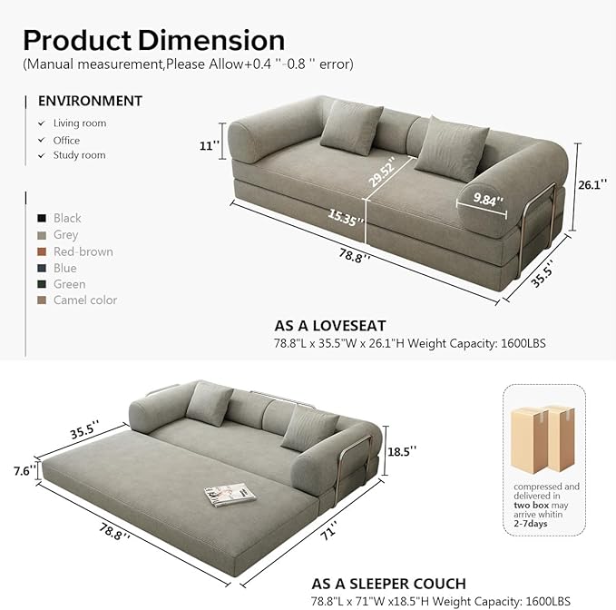 78.8 Modular Sofa Bed - 4-in-1 Convertible Design with Corduroy Fabric and High Density Sponge Removable Cover and Fixed Frame