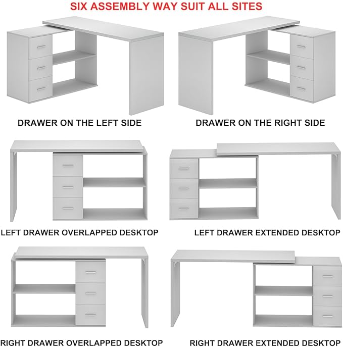 HSH White L Shaped Desk with Drawers Shelves Corner Home Office Desk L Shape with Storage Cabinet Large Wood Computer Desk for PC Executive Work Writing Study Modern Living Room Bedroom Table60 In