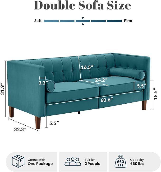 Dreamsir 58'' W Velvet Sofa Mid-Century Love Seats Sofa Furniture with Bolster Pillows Button Tufted Couch for Living Room Tool-Free Assembly (Loveseat Peacock Blue)