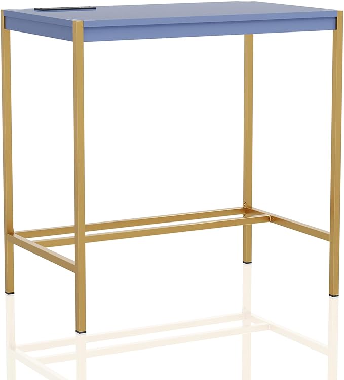 24/7 Shop at Home Fultonville Modern Metal Writing Desk with USB Port Power Outlet for Workstation Home Office Study Room Blue and Gold