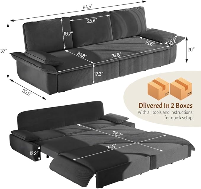 94.5‘’ King Size Sleeper Sofa Bed 3-in-1 Corduroy 3-Seater Sofabed Pull-Out Couch Upholstered Cloud Pullout Futon Space Saving for Living Room Gray