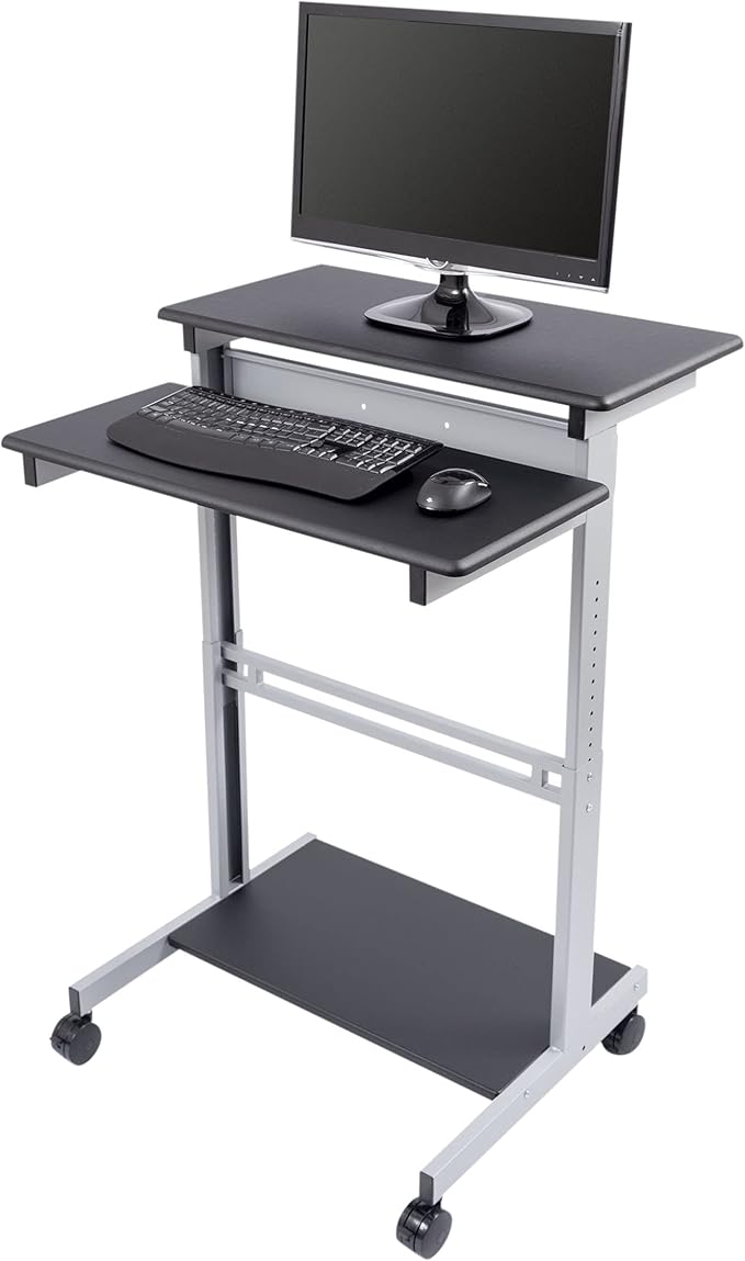 S STAND UP DESK STORE Rolling Adjustable Height Two Tier Standing Desk Computer Workstation (Silver Frame/Black Top 32 Wide)