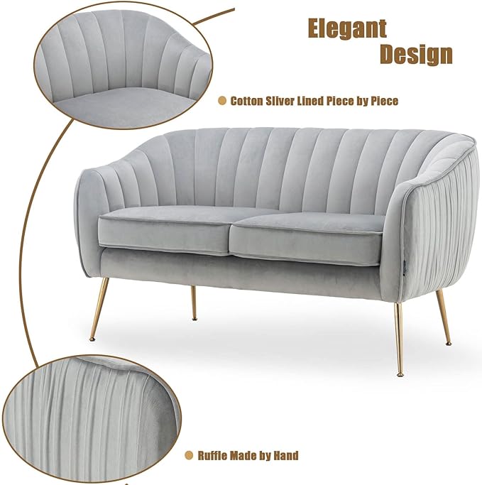 Velvet Couch Sofa Chairs for Two People Modern Loveseat for Living Rooms Bedrooms Small Spaces Golden Finished Grey