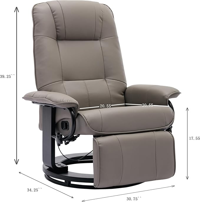 Faux Leather Manual ReclinerAdjustable Swivel Lounge Chair with FootrestCan Rotate 360 DegreesL-Right Angle Curved Wooden Frame Armrest and Wrapped Wood Base for Living RoomGrey
