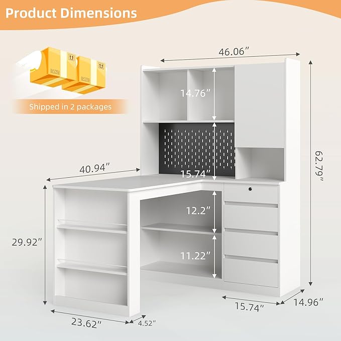 L Shaped Desk with Hutch and 4 Drawers Computer Desk with USB Ports Power Outlets &amp LED Light Wood Corner Computer Desks with Storage Shelves for Home Office White Left Long