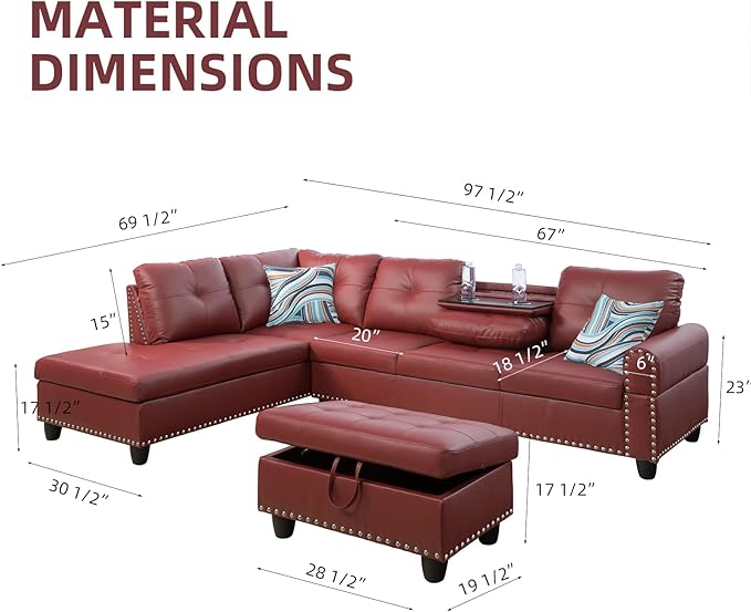 L Shaped Sectional Couch with Storage Ottoman Modern Nailhead Comfy Lounge Sofa with Reversible Cup Holder &amp Chaise 97 4 Seat Modular Sofá for Living Room Apartment Red