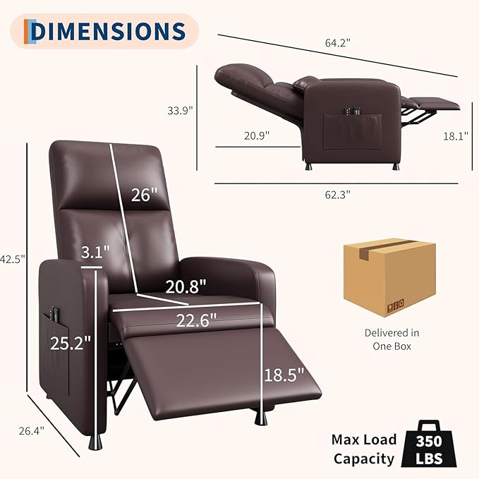 Power Recliner Chair Adjustable Electric Recliner Chair with Tall Back &amp Overstuffed Padding PU Leather Single Sofa with 2 Side Pockets &amp USB Port Home Theater Seating for Living Room Brow