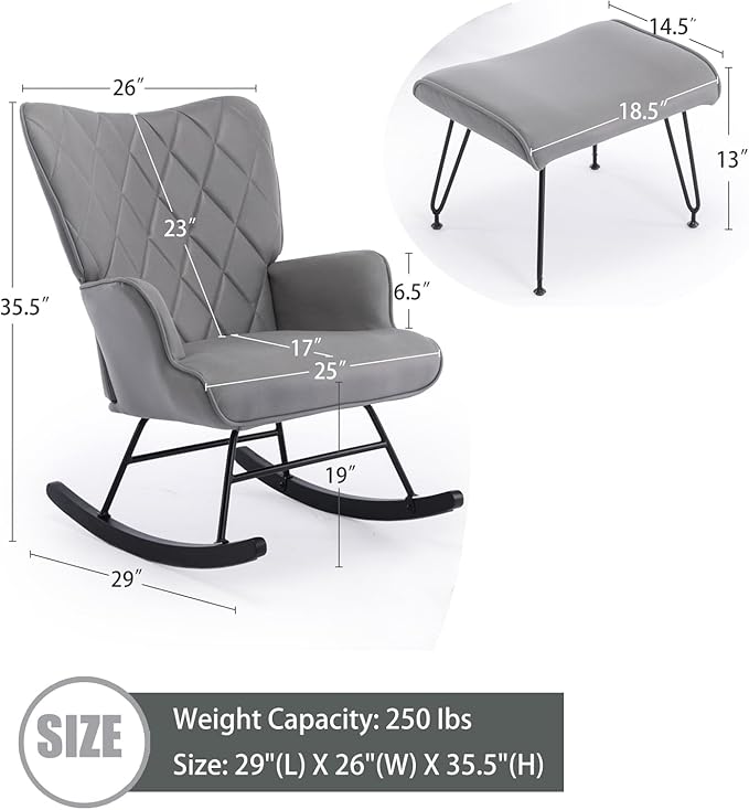 Modern Upholstered Rocking Chair with Ottoman – High Back Glider for Nursery Living Room or Bedroom – Comfortable Armchair with Lumbar Support &amp Sturdy Wood Rockers (Grey Fabric)