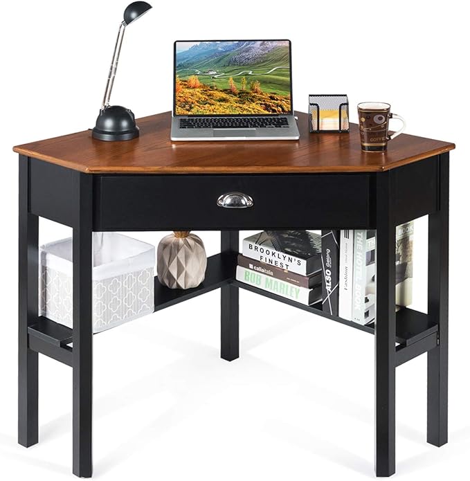 RELAX4LIFE Corner Computer Desk Triangle with Drawer and Shelves Stable Laptop PC Table Home Office Writing Desk Study Workstation Desk (Coffee)