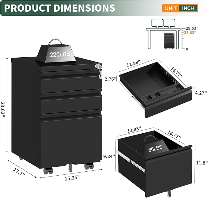 3 Drawer File Cabinet with LockUnder Desk Rolling Small Filing Cabinet for Home Office StorageMobile Steel Cabinets with WheelsFully AssembledBlack