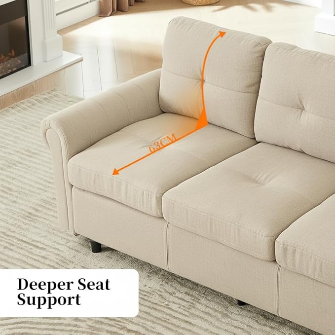 81.1 3-Seater Fabric Sofa Modern Living Room Couch with Rolled Arms and Stitch-Tufted Cushions Comfortable Upholstered Sofa for Home or Apartment (White 3 Seater)