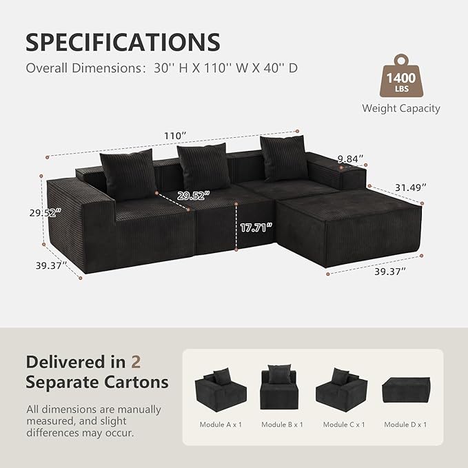 110” Sectional Couches for Living Room 3 Seat Grey Corduroy Convertible Boneless Couches Sofa Bed with Pillows Home Sofa Living Room Bedroom Memory Foam Modular Couch Daybed Lazy Floor Bed