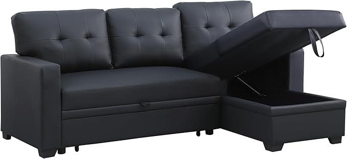 ERYE 82-inch Pull Out Sleeper Couch Bed L-Shaped Reversible Sleeper Sectional Sofa Faux Leather Tufted Upholstered Corner Convertible Sofa Bed with Storage Chaise