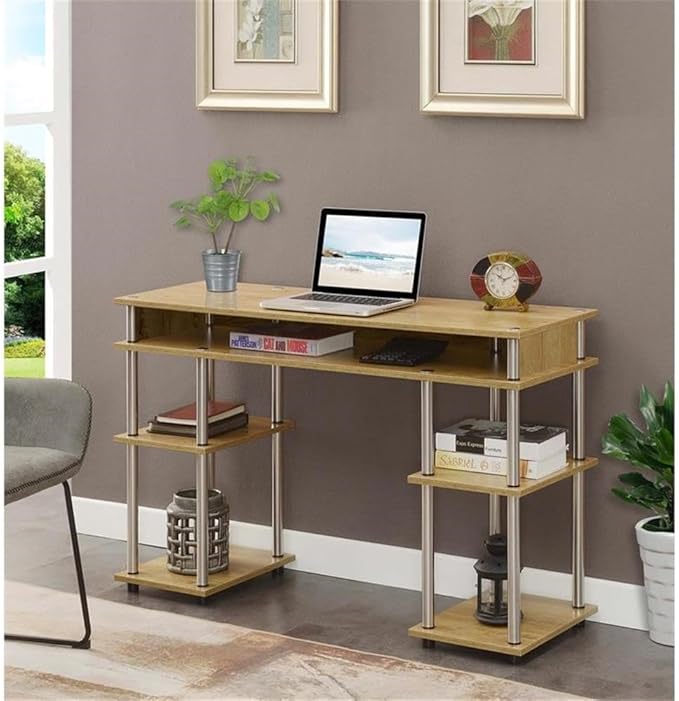 Pemberly Row No Tools Student Desk with Shelves 47.25 x 15.75 x 30 in Light Oak Wood Finish Particleboard Shelves Stainless Steel Legs Modern Home Office or Dorm Desk with Storage