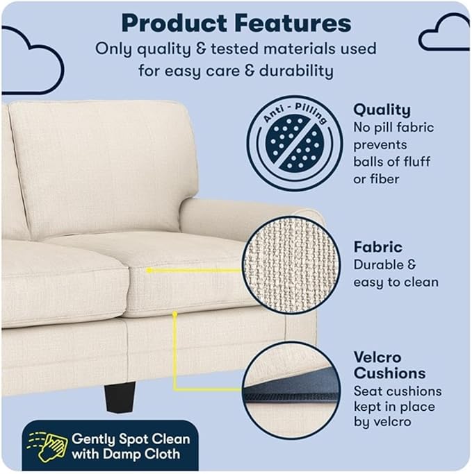 BOWERY HILL 61 Rolled Arm Loveseat Sofa Beige Upholstered Anti-Pilling Polyester Fabric Removable Covers Compact Space-Saving Design Solid Wood Frame Modern Classic Style for Living Room or