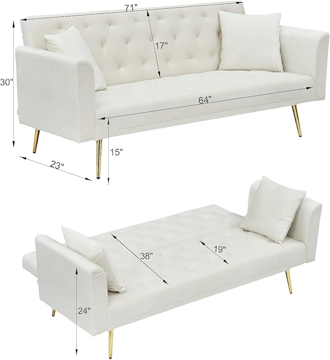 71 Velvet Futon Sofa Bed Convertible Sleeper Couch with 2 Pillows - Modern Loveseat Small Sofa 3-Angle Adjustable Backrest Golden Metal Legs for Living Room Bedroom Apartment Easy Assembly (Beige)