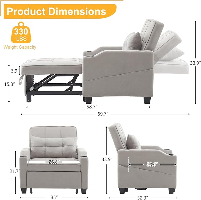 Karl home Sleeper Chair Convertible Sofa Bed with USB/Type C Ports 3-in-1 Pull Out Sofa Bed Adjustable Reading Chair with Cup Holders Linen Light Gray