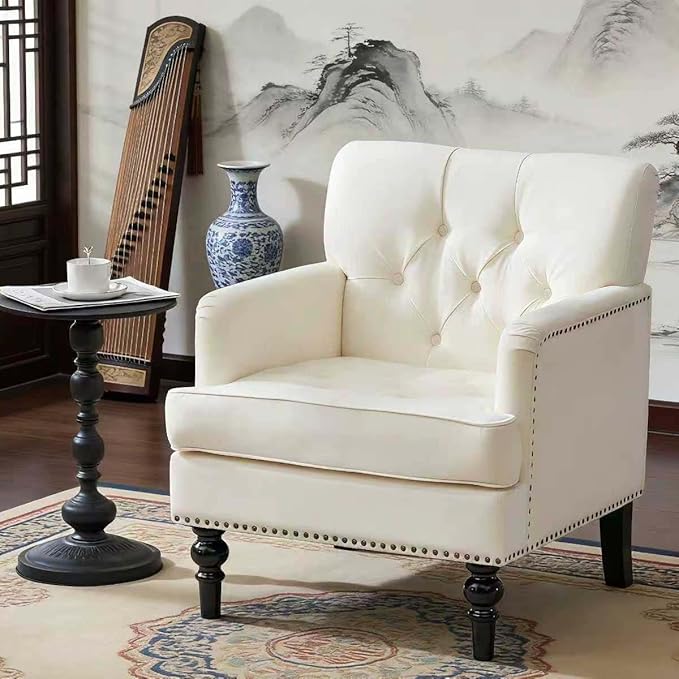 Accent Chair for Living Room Mid-Century Armchairs for Small Spaces Chenille Upholstered Comfy Reading Armchair with Studded for Bedroom (Beige)